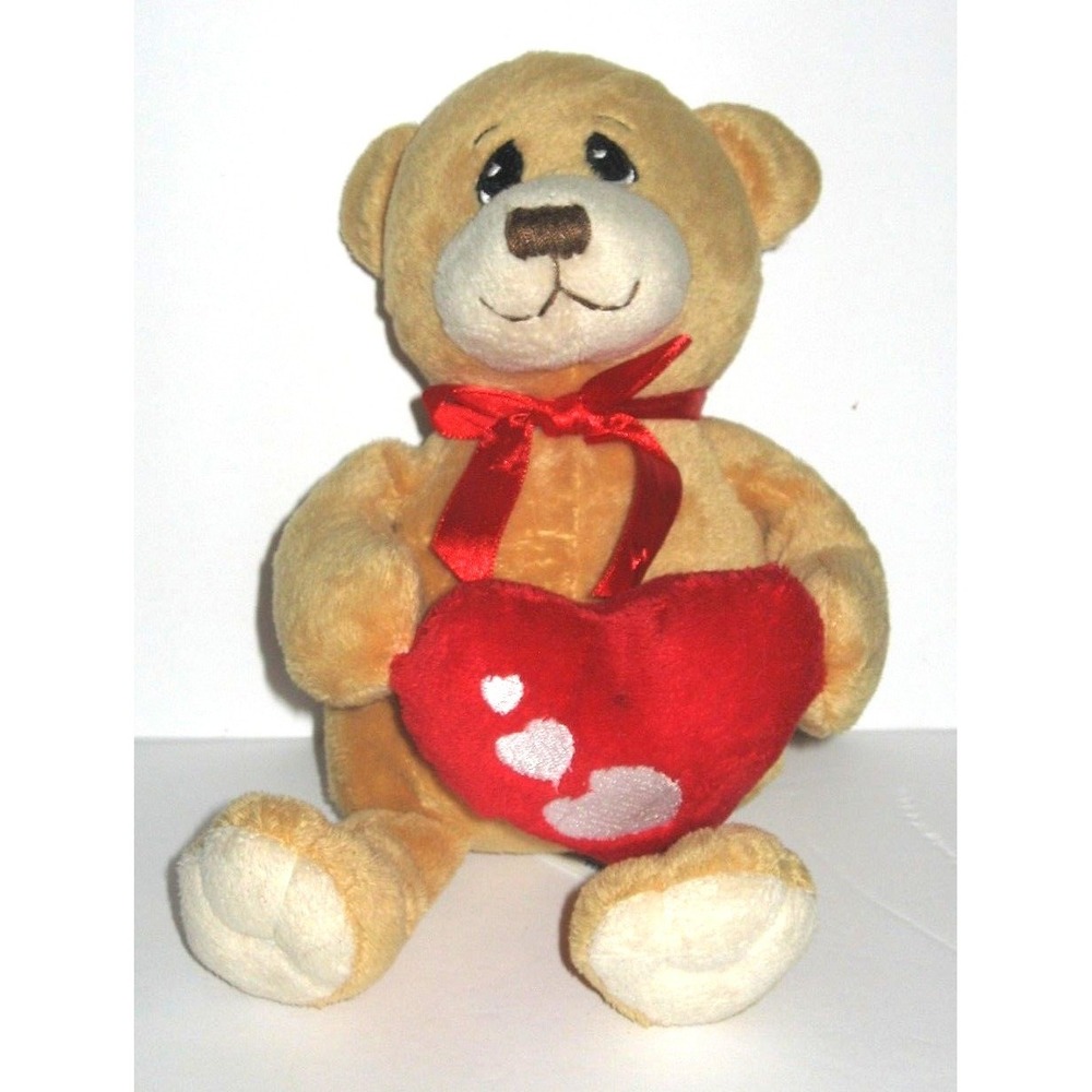 Petting Zoo Tan Teddy Bear Red Heart Ribbon Embroidered White Hearts Plush 9"